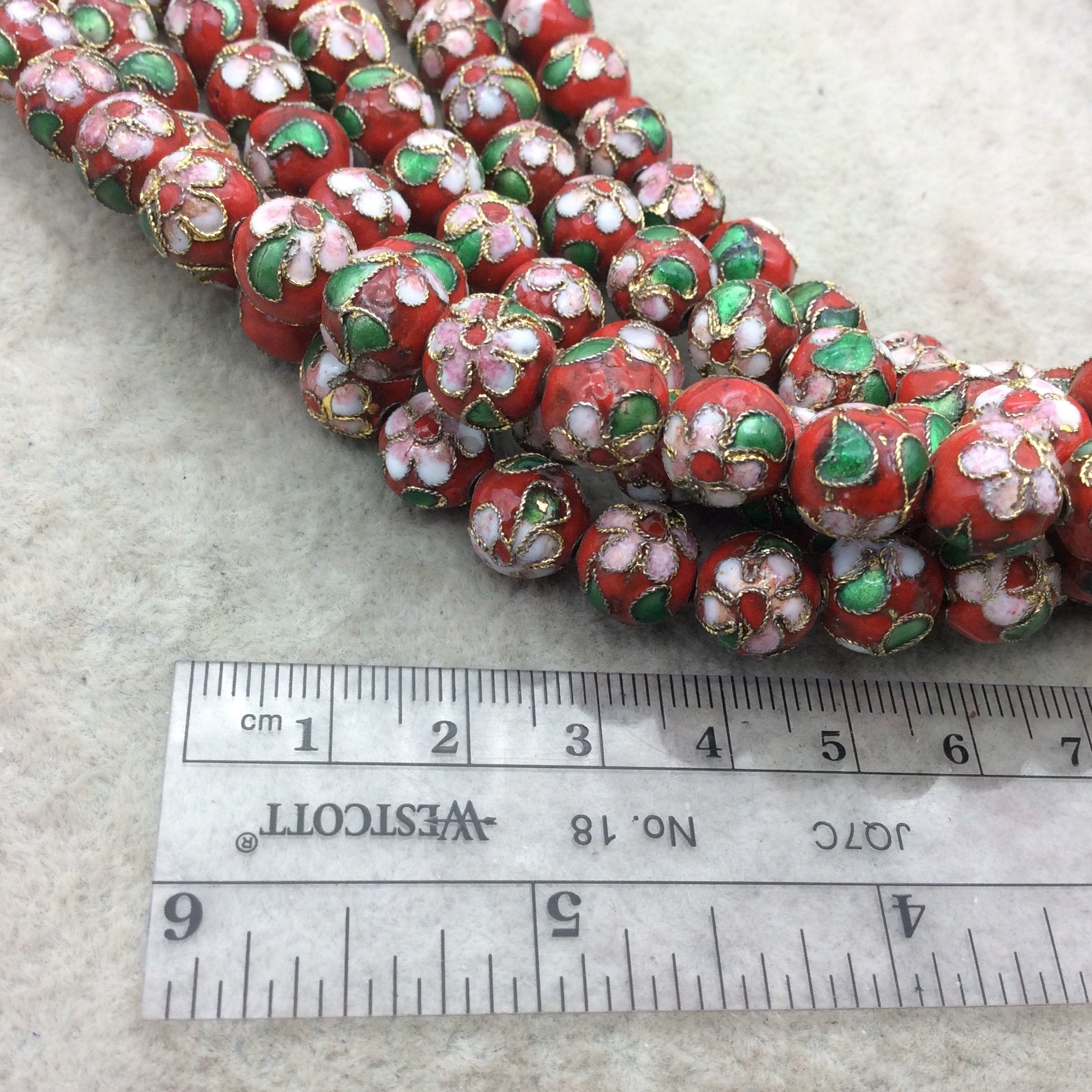 10mm Decorative Floral Red Puffed Round/Ball Shaped Metal/Enamel Cloisonné Beads - Sold by 15" Strands (~ 42 Beads Per Strand)