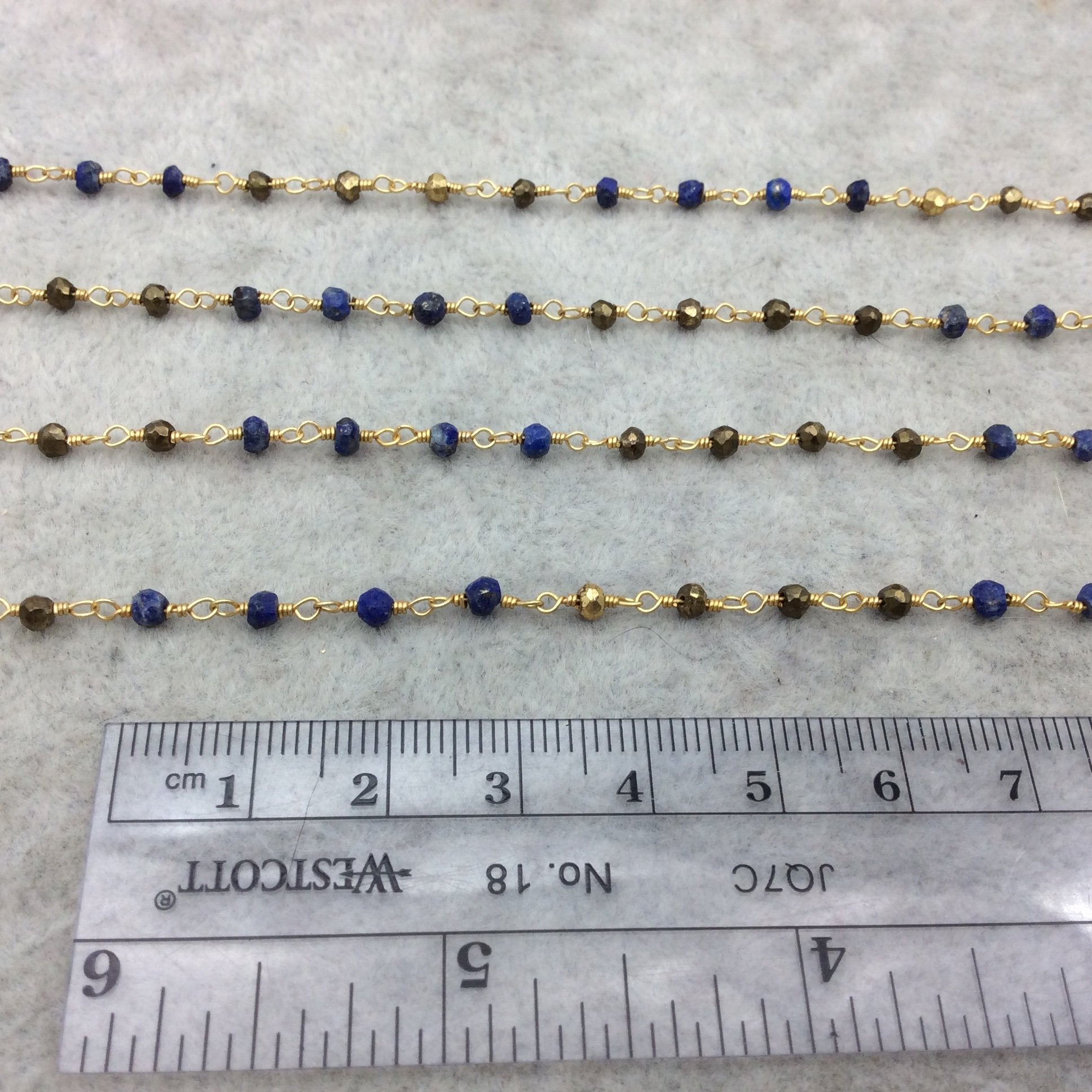 Gold Plated Copper Wrapped Rosary Chain with 3-4mm Faceted Gold Pyrite/Lapis Lazuli Rondelle Beads - Sold by 1' Cut Sections or in Bulk!