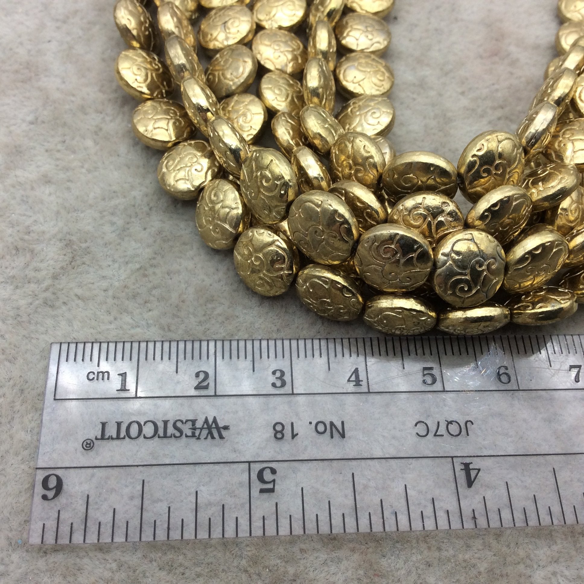 Gold Finish Swirl/Filigree Puffed Coin Shaped Plated Pewter Beads (29288)- 7-8" Strand (Approx. 20 Beads) - 10mm Diameter - 0.5mm Hole Size