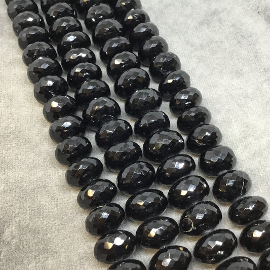 7.5-8.5mm x 12.5-13mm Natural Black Spinel Faceted Rondelle Beads - 8.5" Strand (Approx. 26 Beads) - Quality Indian Semi-Precious Gemstone