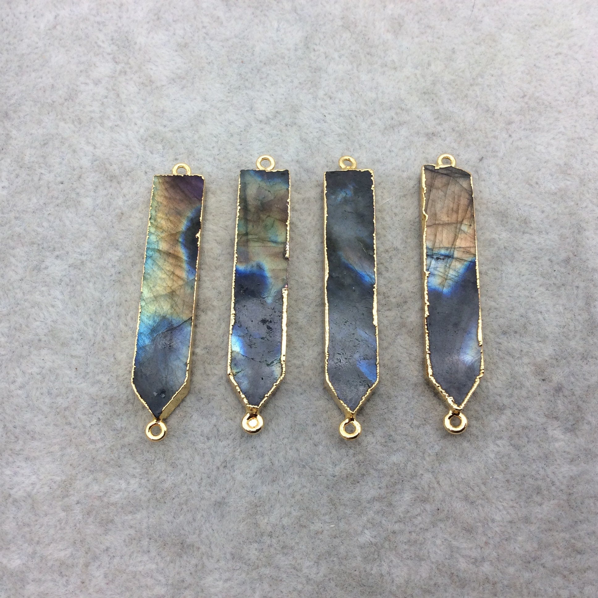 9-10mm x 40-50mm  Gold Finish Arrow/Dagger Shaped Electroplated Flashy Labradorite Connector   - Sold Individually, Randomly Chosen