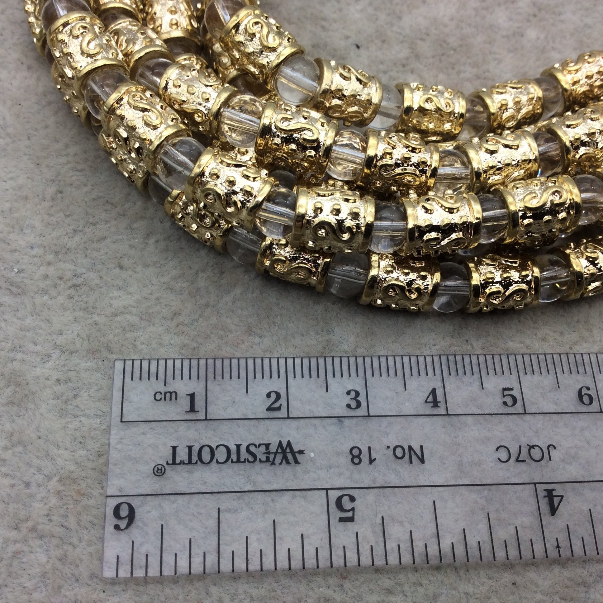 Gold Finish S Pattern Barrel Shape Plated Pewter Beads - 8" Strand (Approx. 14 Beads) - 8mm x 10mm - 5mm Hole Size