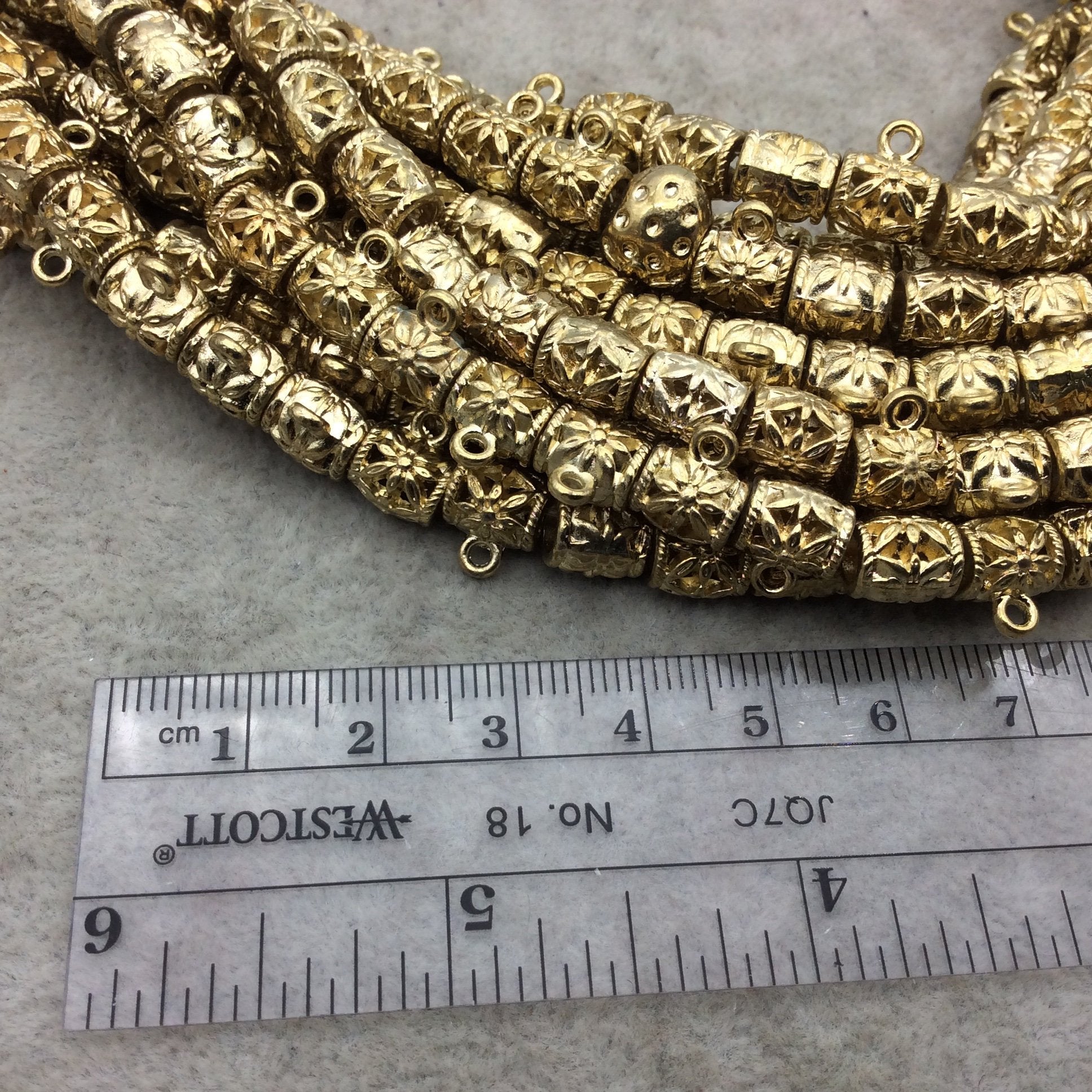 Gold Finish Floral Pattern Barrel Shape Plated Pewter Beads With Ring (01976)- 8" Strand (Approx. 22 Beads) - 6mm x 8mm - 4mm Hole Size