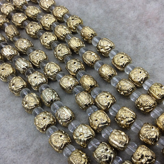 Gold Finish Puffed Flower Pattern Pillow Shape Plated Pewter Beads - 8" Strand (Approx. 14 Beads) - 10mm x 11mm - 5mm Hole Size