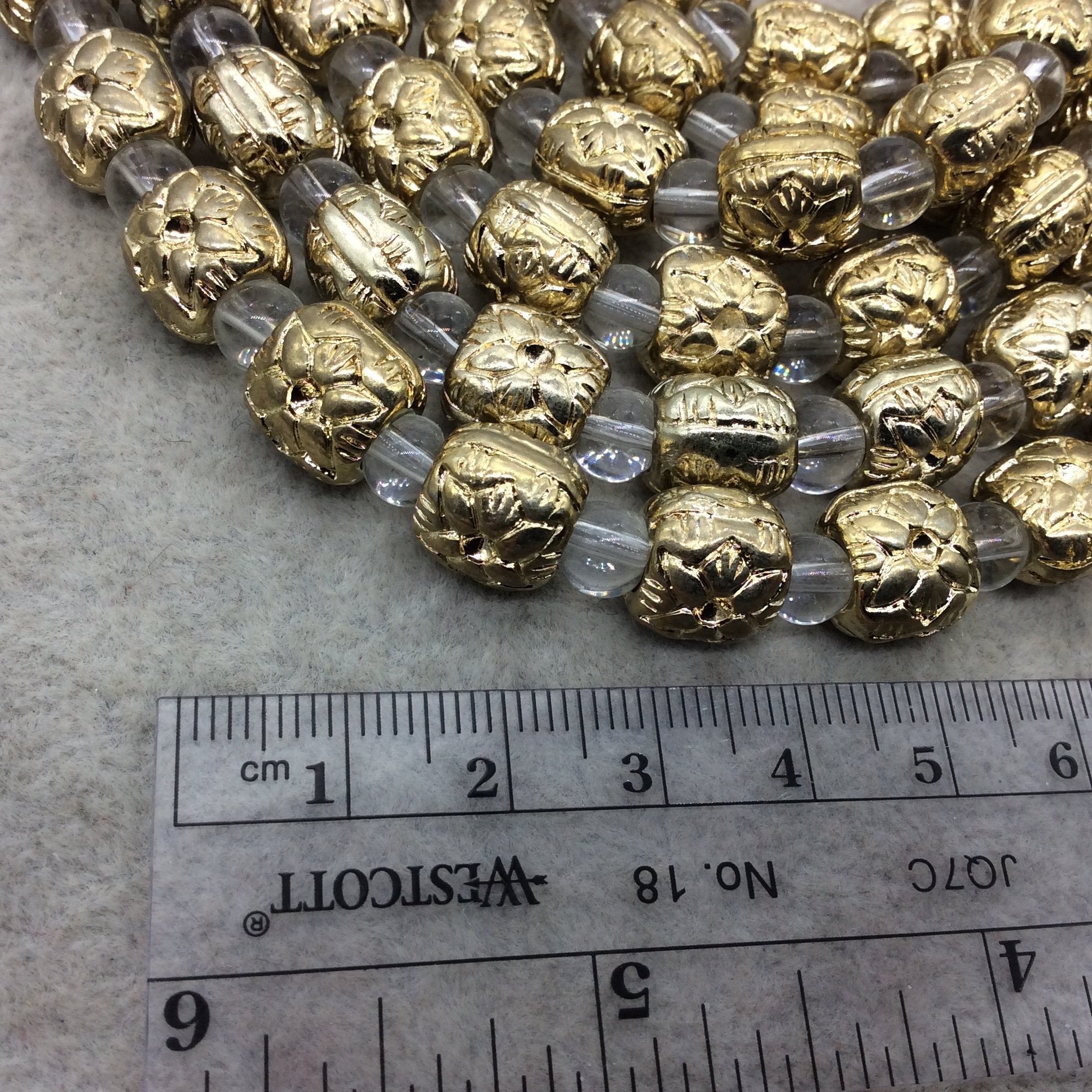 Gold Finish Puffed Flower Pattern Pillow Shape Plated Pewter Beads - 8" Strand (Approx. 14 Beads) - 10mm x 11mm - 5mm Hole Size