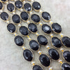 12mm x 16mm Gold Electroplated Glossy Finish Faceted Opaque Black Onyx Crystal Oval Beads  - Sold by 7" Strands (9 Beads) -