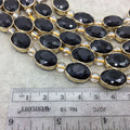 12mm x 16mm Gold Electroplated Glossy Finish Faceted Opaque Black Onyx Crystal Oval Beads  - Sold by 7" Strands (9 Beads) -