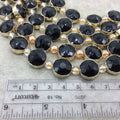 14mm x 14mm Gold Electroplated Glossy Finish Faceted Opaque Black Onyx Crystal Round/Coin Beads  - Sold by 7" Strands (10 Beads) -