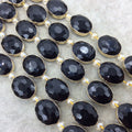 16mm x 20mm Gold Electroplated Glossy Finish Faceted Opaque Black Onyx Crystal Oval Beads  - Sold by 7" Strands (7 Beads) -