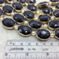 16mm x 20mm Gold Electroplated Glossy Finish Faceted Opaque Black Onyx Crystal Oval Beads  - Sold by 7" Strands (7 Beads) -