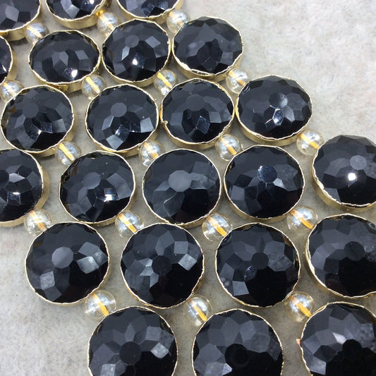 18mm x 18mm Gold Electroplated Glossy Finish Faceted Opaque Black Onyx Crystal Round/Coin Beads  - Sold by 7" Strands (8 Beads) -