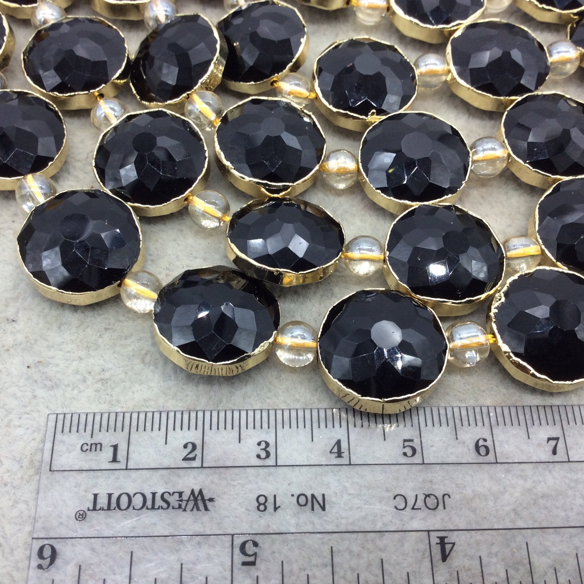 18mm x 18mm Gold Electroplated Glossy Finish Faceted Opaque Black Onyx Crystal Round/Coin Beads  - Sold by 7" Strands (8 Beads) -