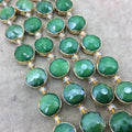 14mm x 14mm Gold Electroplated Glossy Finish Faceted Opaque Green Crystal Round/Coin Beads  - Sold by 7" Strands (10 Beads) -