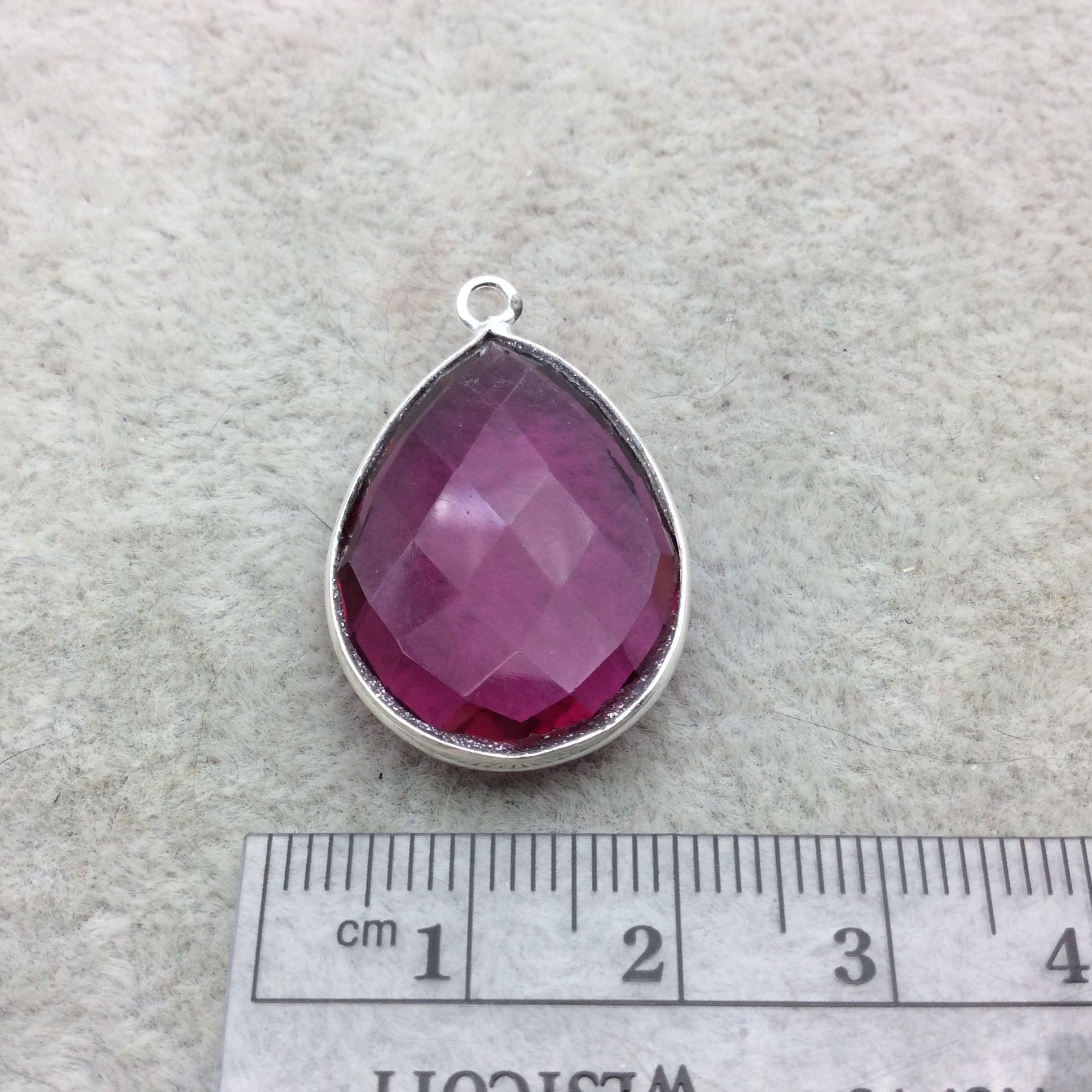 Sterling Silver Faceted Magenta (Lab Created) Quartz Teardrop Shaped Bezel Connector - Measuring 18mm x 25mm - Sold Individually