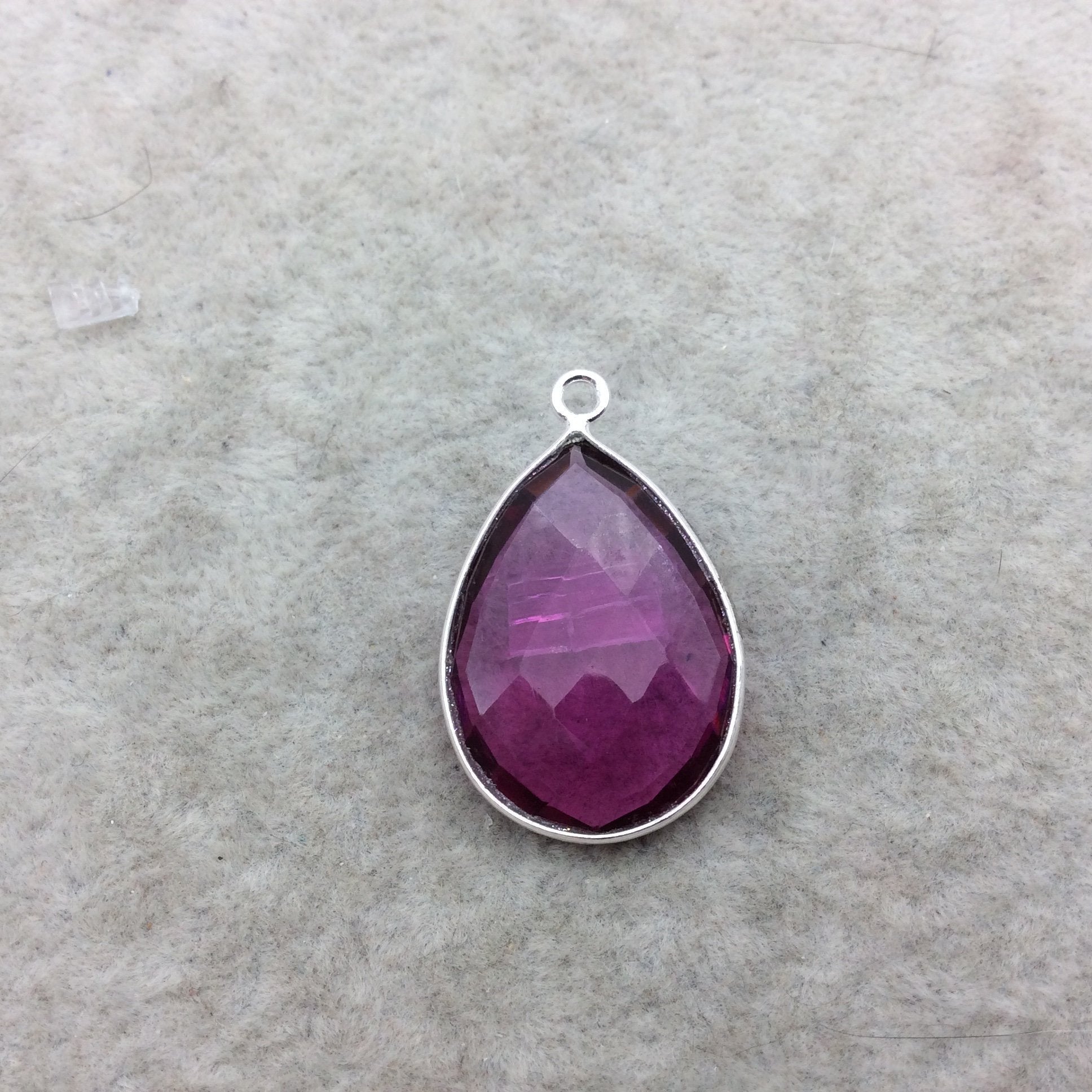 Sterling Silver Faceted Magenta (Lab Created) Quartz Teardrop Shaped Bezel Connector - Measuring 18mm x 25mm - Sold Individually