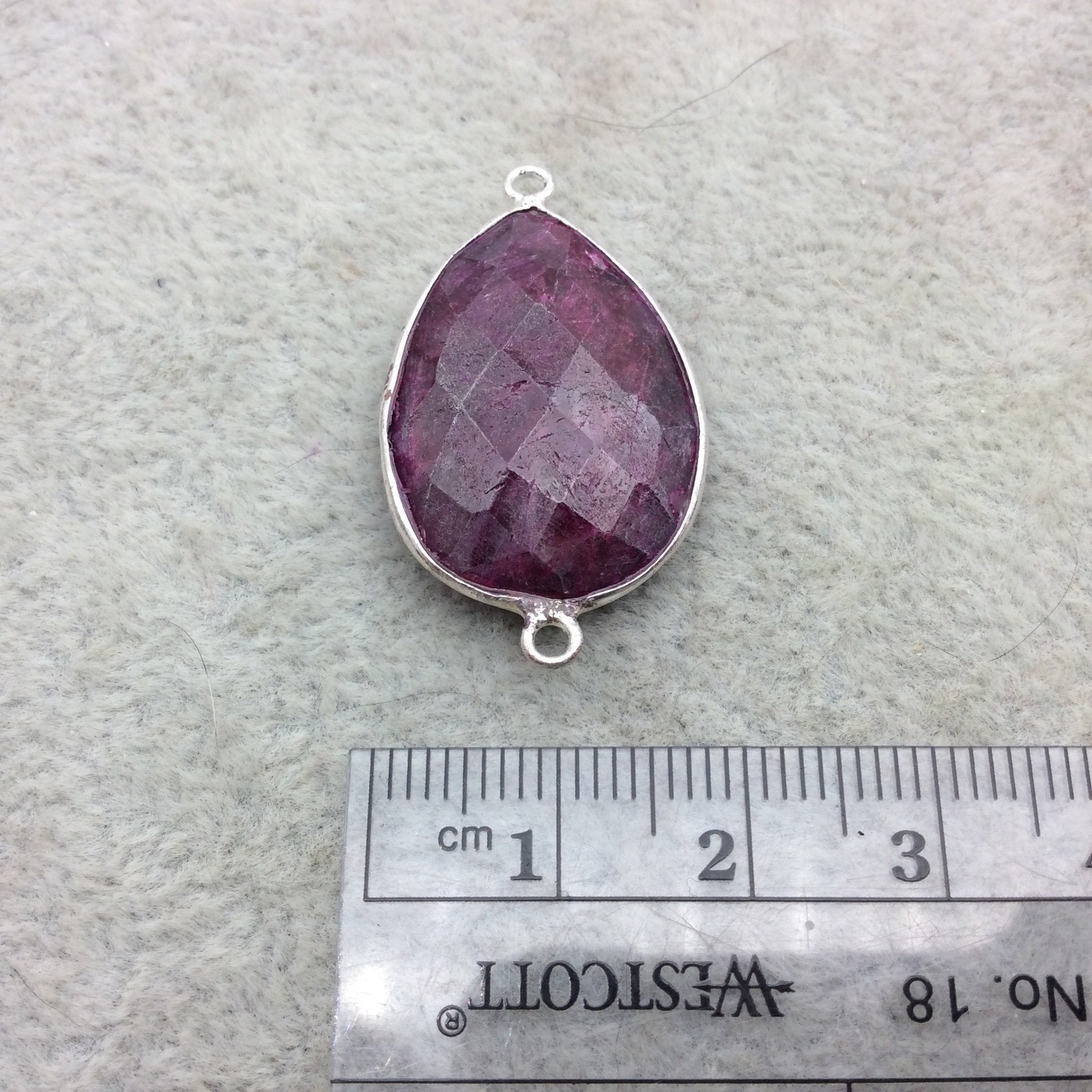 Sterling Silver Faceted Teardrop Shape Corundum/Ruby Bezel Connector Component - ~ 18mm x 25mm - Natural  Semi-Precious Gemstone