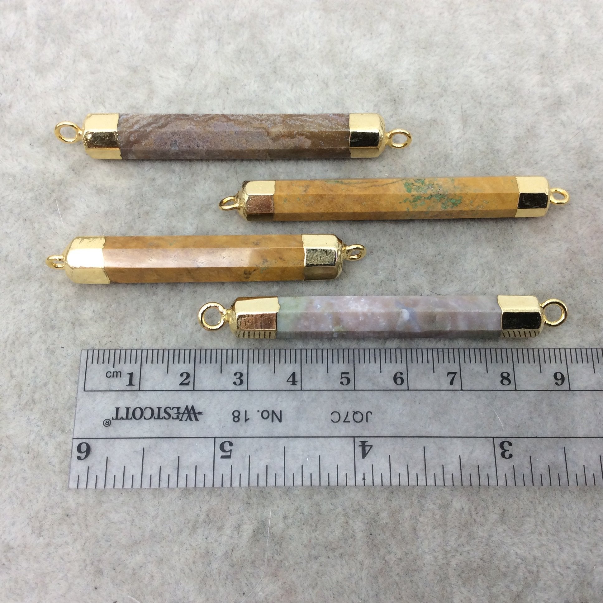 2-2.25" Single Gold Plated Natural Mixed Jasper Rod/Cylinder Shaped Gemstone Connector/Link - Measuring 8mm x 50-60mm, Approx. - Random