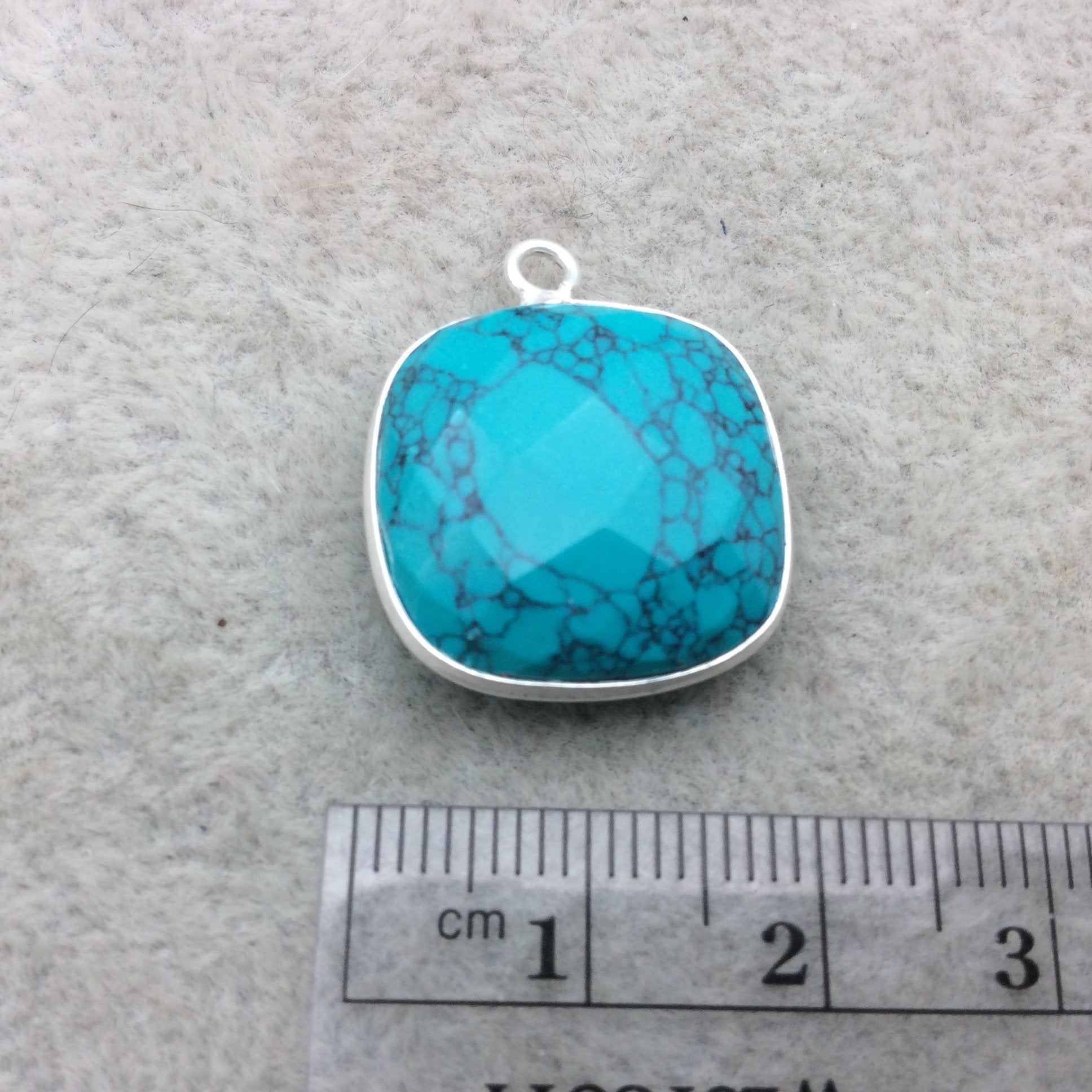 Sterling Silver Faceted Dyed Veined Turquoise Howlite Square Shaped Bezel Pendant - Measuring 18mm x 18mm - Sold Individually