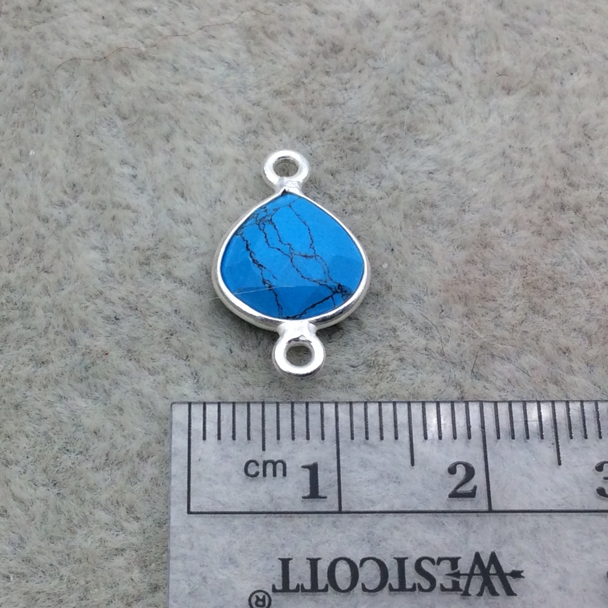 Sterling Silver Faceted Flat Back Dyed Veined Blue Howlite Heart Shaped Bezel Connector - Measuring 10mm x 10mm - Sold Individually