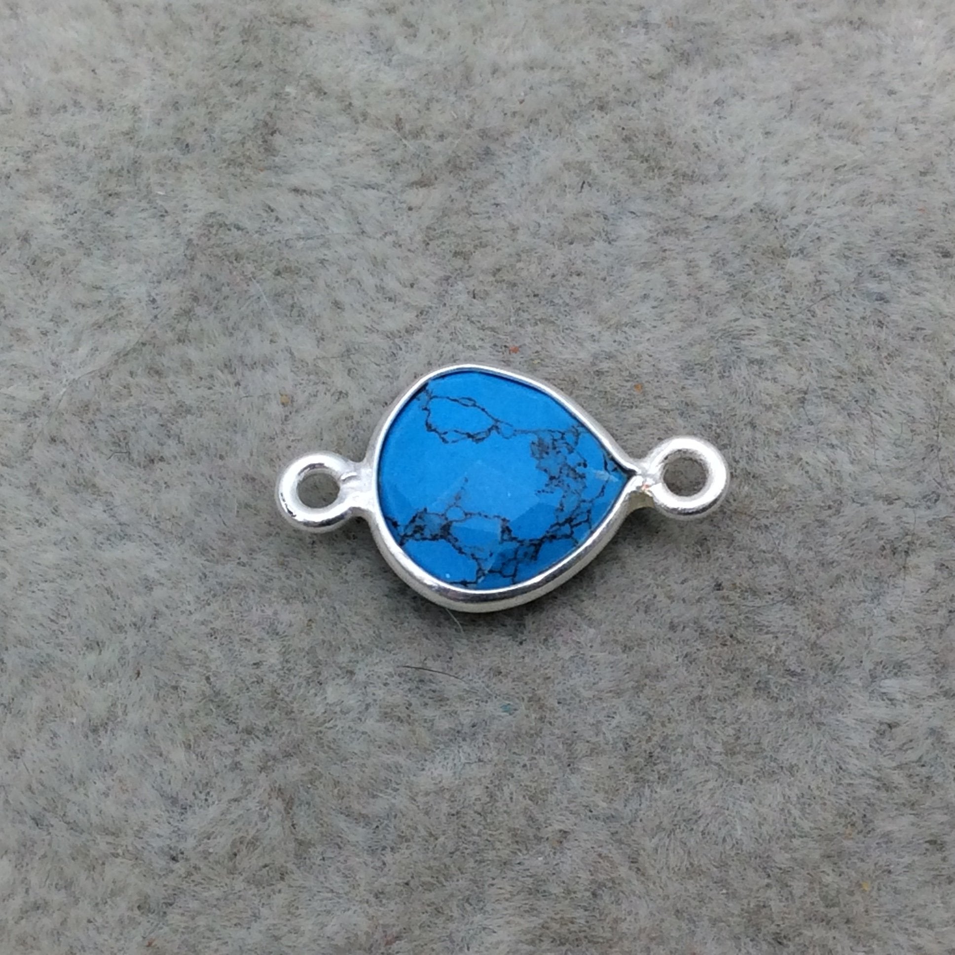 Sterling Silver Faceted Flat Back Dyed Veined Blue Howlite Heart Shaped Bezel Connector - Measuring 10mm x 10mm - Sold Individually