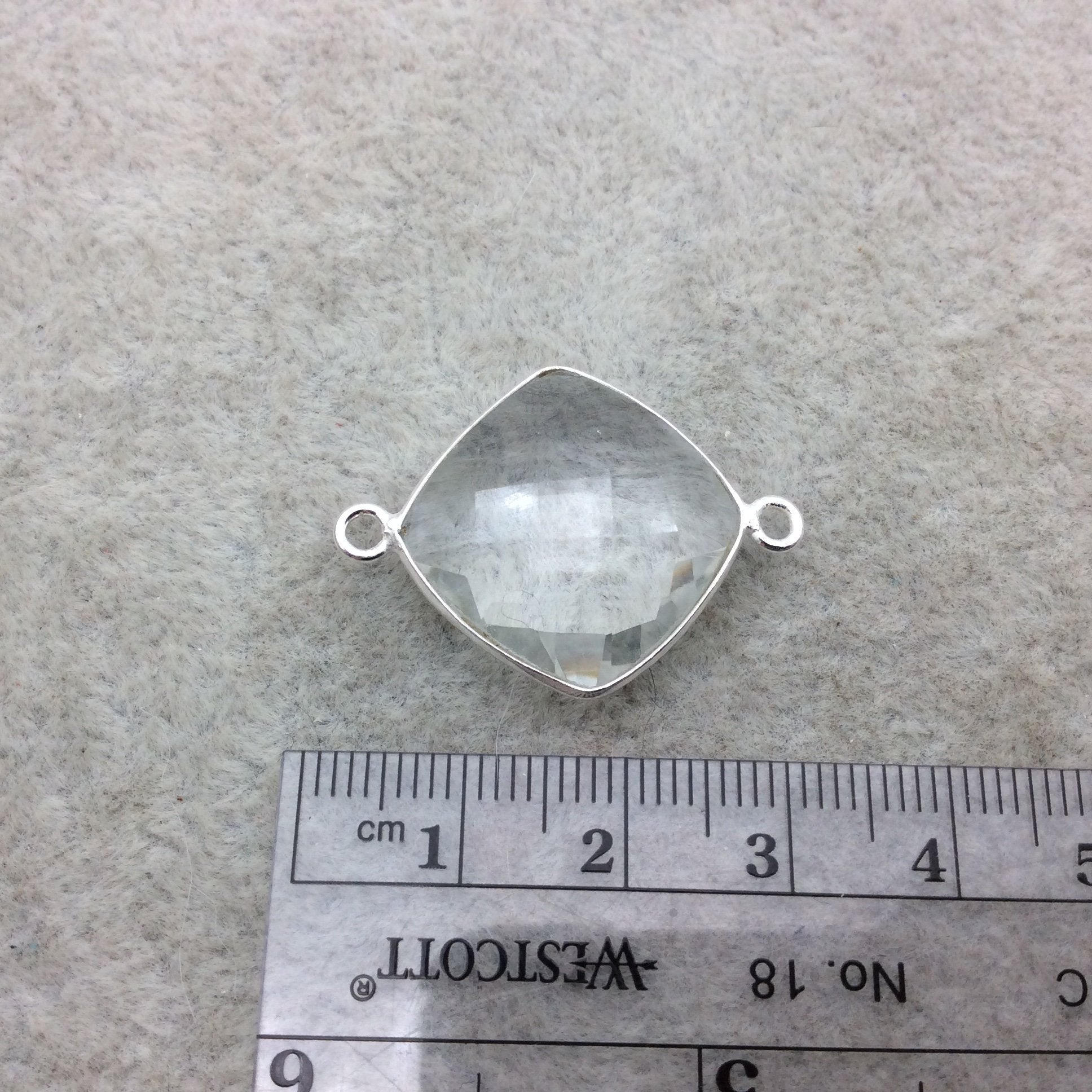 Sterling Silver Faceted Clear (Lab Created) Quartz Diamond Shaped Bezel Connector - Measuring 15mm x 15mm - Sold Individually