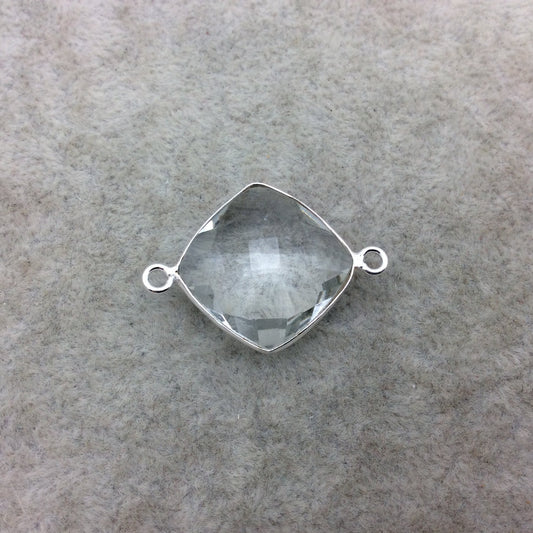 Sterling Silver Faceted Clear (Lab Created) Quartz Diamond Shaped Bezel Connector - Measuring 15mm x 15mm - Sold Individually