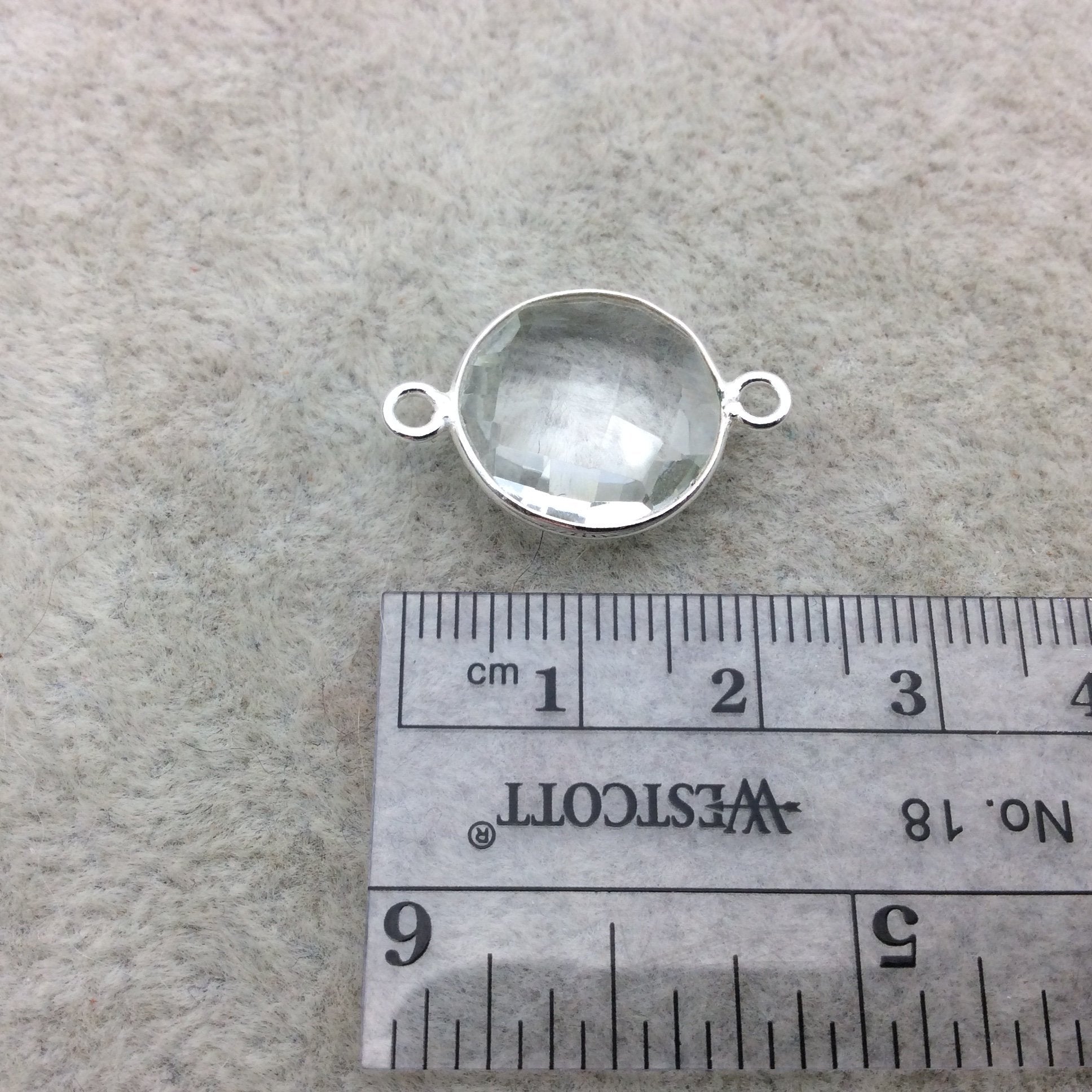 Sterling Silver Faceted Clear (Lab Created) Quartz Round Shaped Bezel Connector - Measuring 15mm x 15mm - Sold Individually