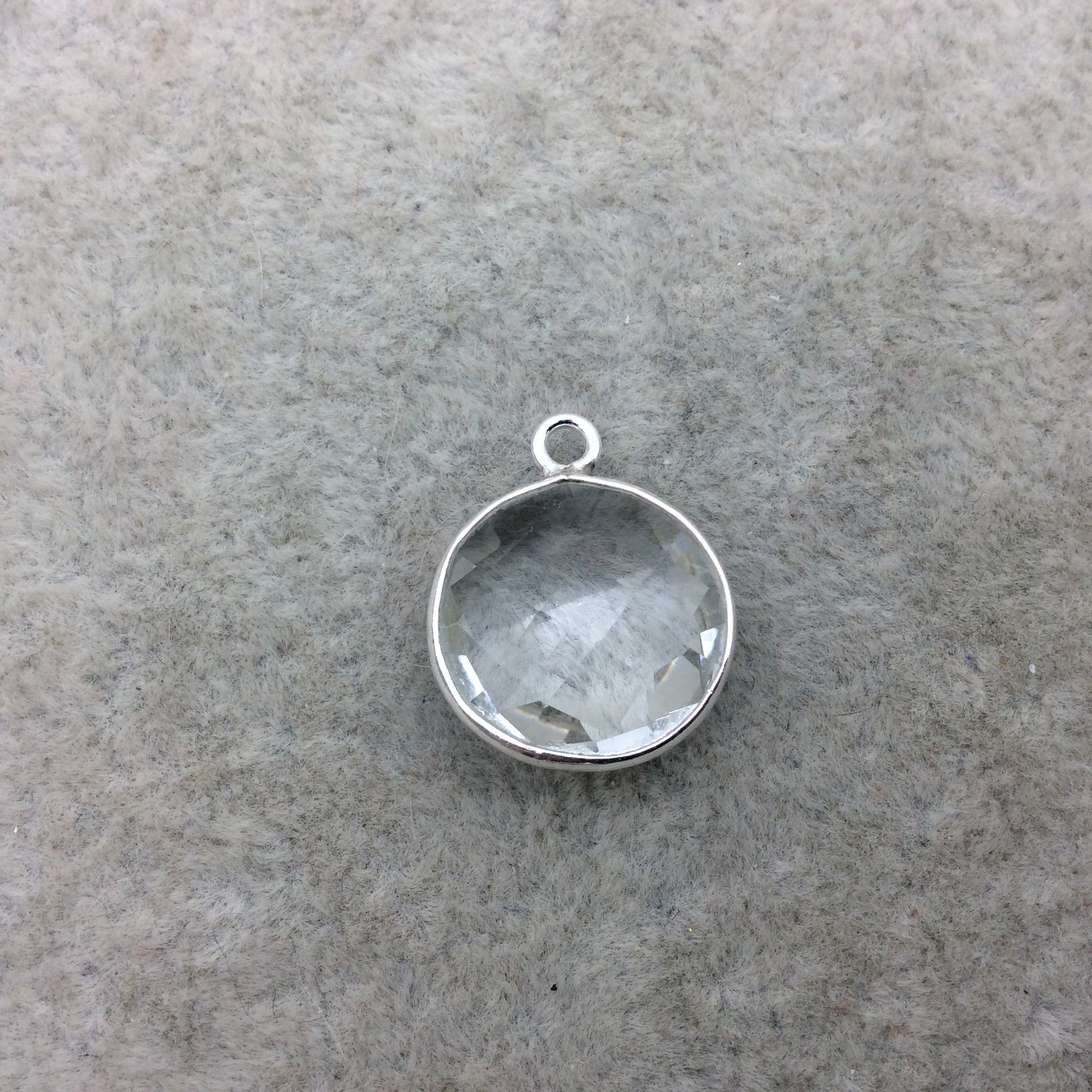 Sterling Silver Faceted Clear (Lab Created) Quartz Round Shaped Bezel Pendant - Measuring 15mm x 15mm - Sold Individually