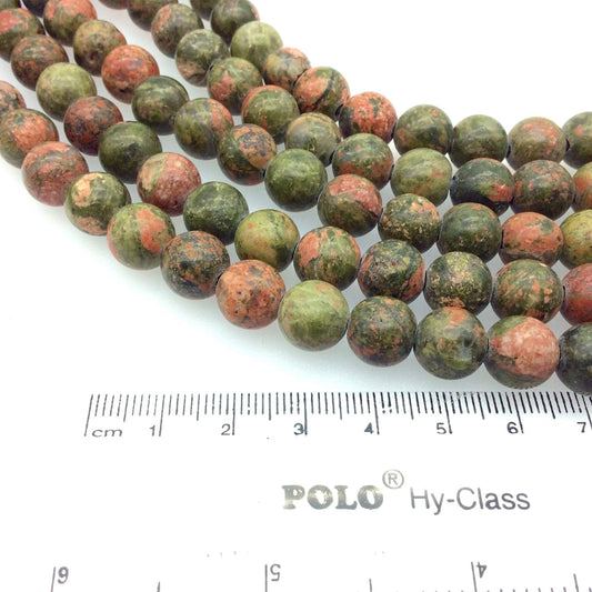 10mm Natural Green/Pink Unakite Smooth Finish Round/Ball Shaped Beads with 2.5mm Holes - 9" Strand (Approx. 24 Beads) - LARGE HOLE BEADS