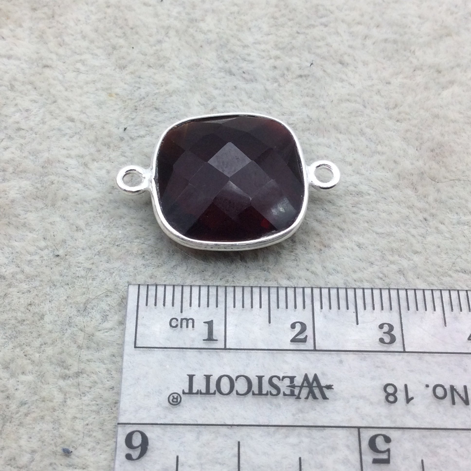 Sterling Silver Faceted Deepest Red (Lab Created) Quartz Square Shaped Bezel Connector - Measuring 15mm x 15mm - Sold Individually