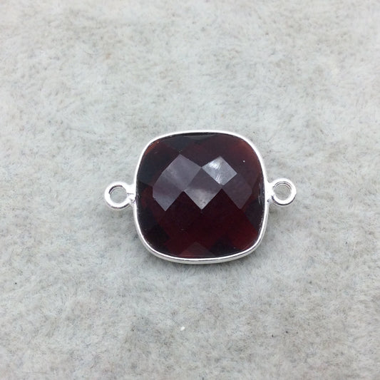 Sterling Silver Faceted Deepest Red (Lab Created) Quartz Square Shaped Bezel Connector - Measuring 15mm x 15mm - Sold Individually