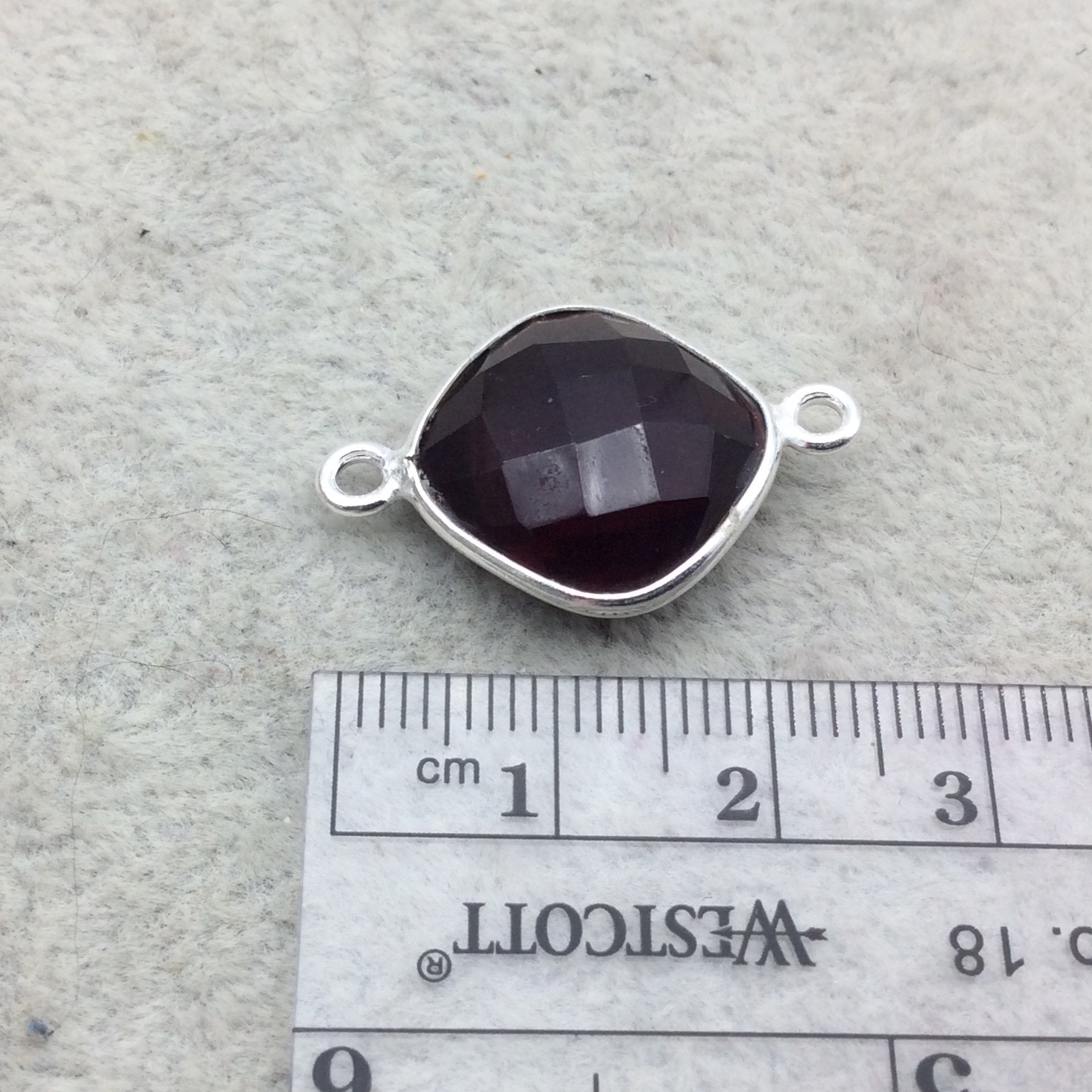 Sterling Silver Faceted Deepest Red (Lab Created) Quartz Diamond Shaped Bezel Connector - Measuring 15mm x 15mm - Sold Individually