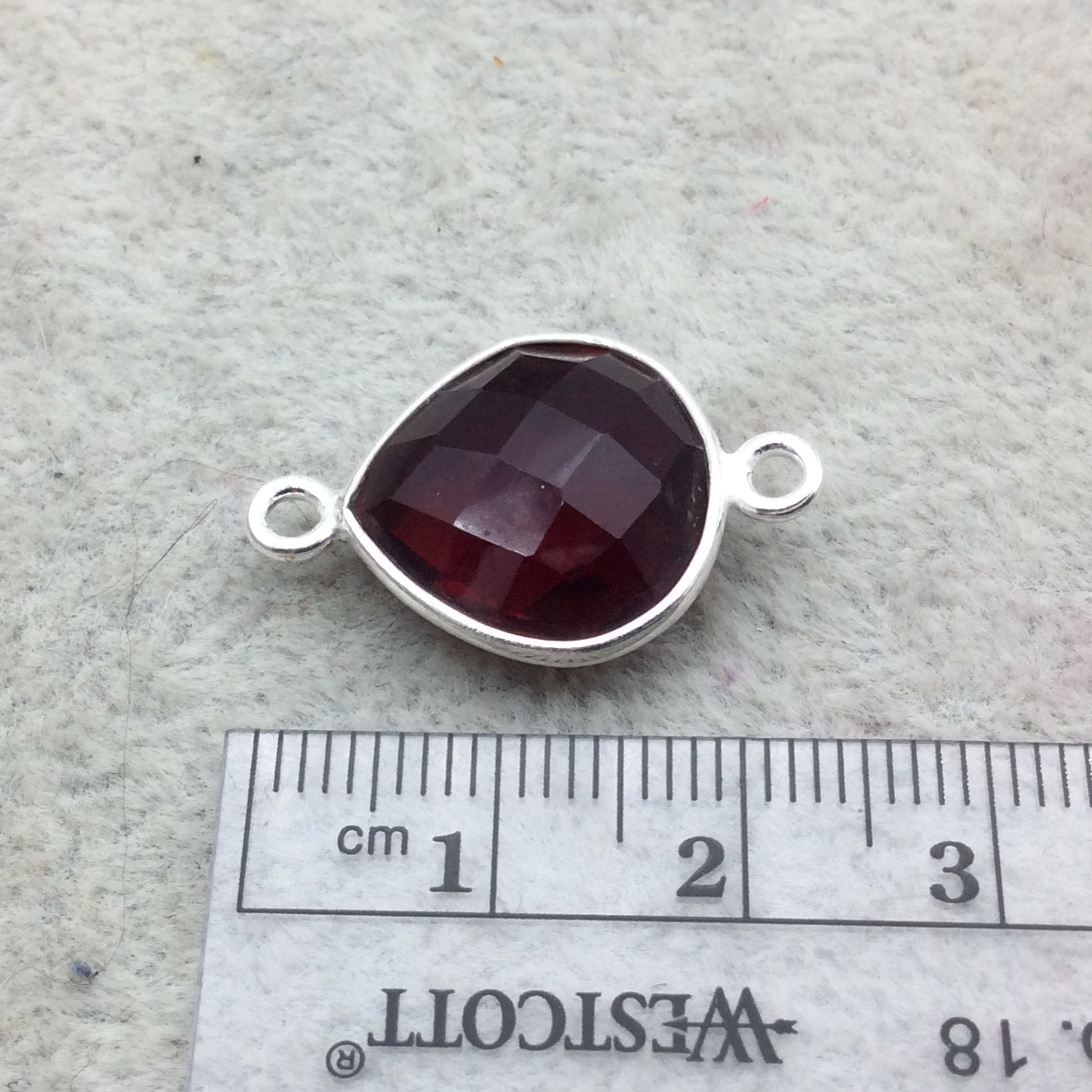 Sterling Silver Faceted Deepest Red (Lab Created) Quartz Heart Shaped Bezel Connector - Measuring 15mm x 15mm - Sold Individually