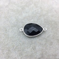 Sterling Silver Faceted Teardrop Shaped Jet Black Hydro (Man-made) Onyx Bezel Connector - Measuring 16mm x 20mm - Sold Individually