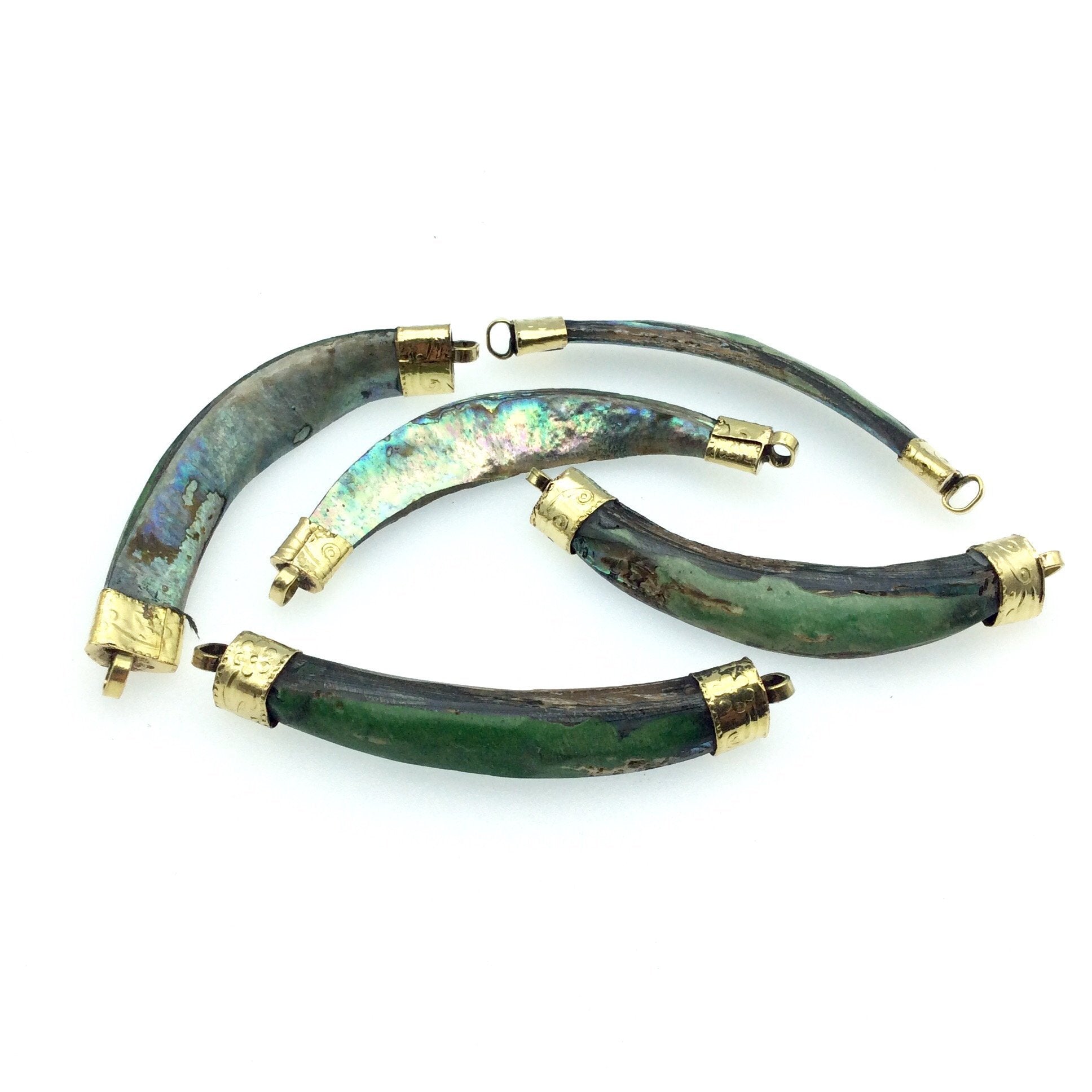 3" Iridescent Rainbow Curved Tusk/Claw Shaped Abalone Shell Pendant with Gold Floral Bails - Measuring 10mm x 80mm, Approx. (TR061-RB)