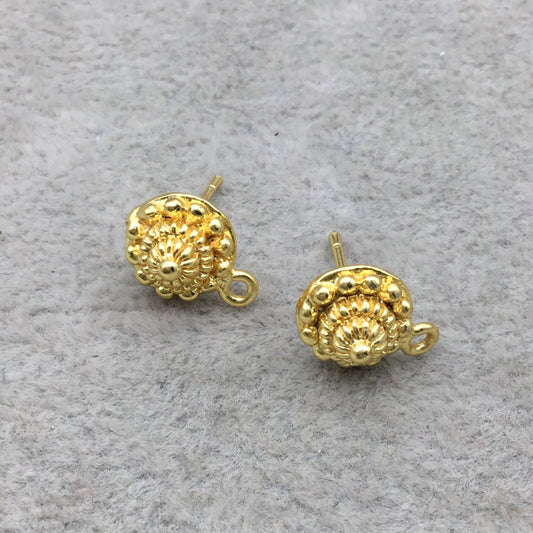 9mm - 18k Gold Overlay Round Pyramid Embossed Post Clip With Loop - High Quality Earring Finding - 1 Pairs Per Pack (2 Pieces Total)