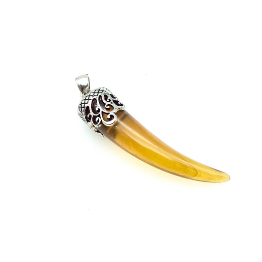 2.5" Tusk Shaped Amber Acrylic Pendant with Silver Finish Scrollwork Cap - Measuring 15mm x 65mm, Approximately - Sold Individually