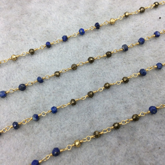 Gold Plated Copper Wrapped Rosary Chain with 3-4mm Faceted Gold Pyrite/Lapis Lazuli Rondelle Beads - Sold by 1' Cut Sections or in Bulk!