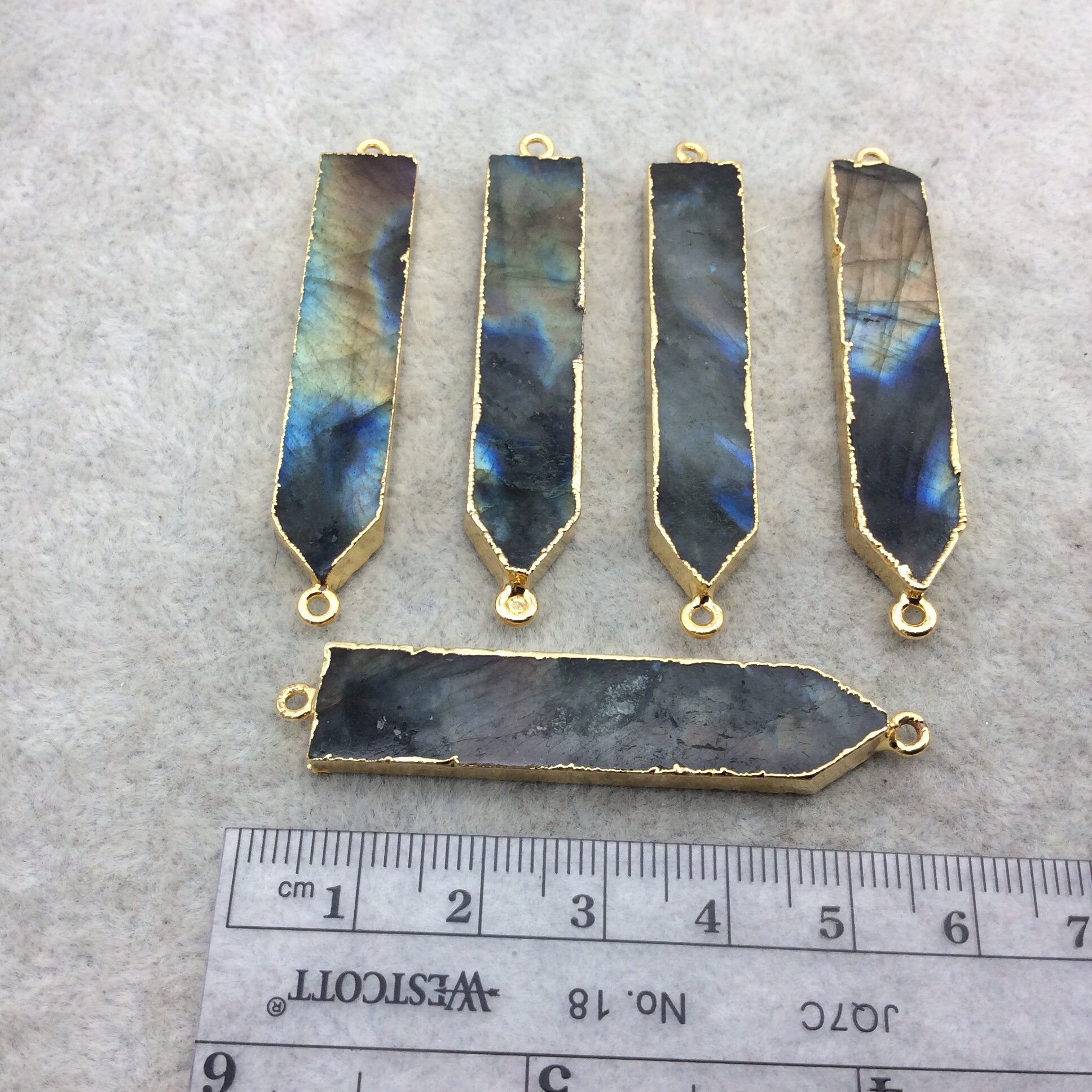 9-10mm x 40-50mm  Gold Finish Arrow/Dagger Shaped Electroplated Flashy Labradorite Connector   - Sold Individually, Randomly Chosen