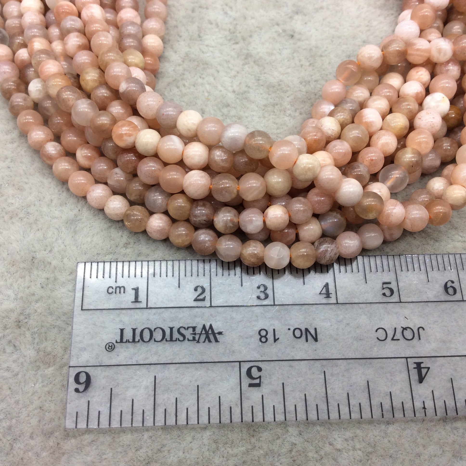 4mm Smooth Mix Peach Moonstone Round/Ball Shaped Beads with .8mm Holes - 15.75" Strand (Approx. 95 Beads) - Natural High Quality Gemstone