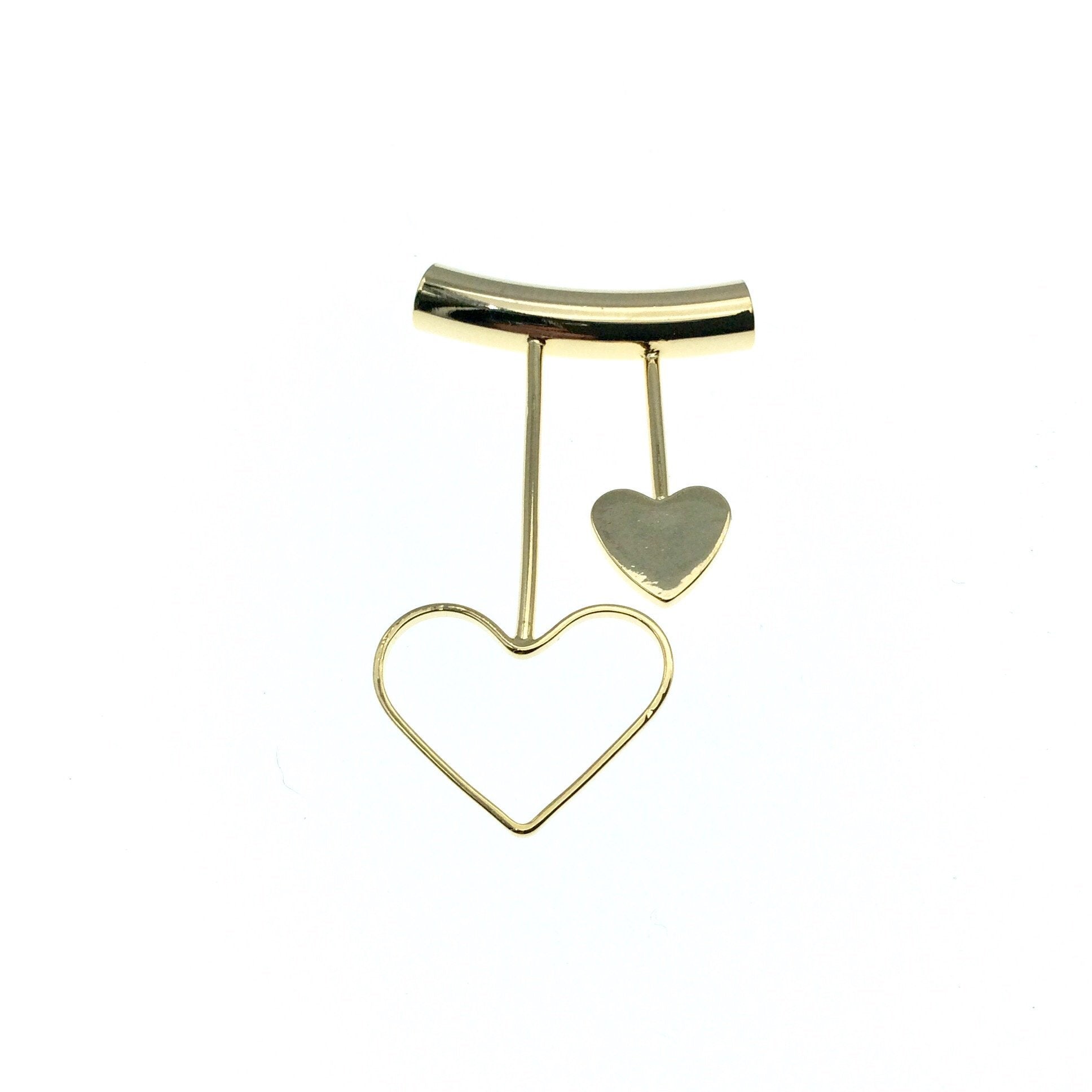 Gold Plated Tube Pendant - with Heart Embellishments - Measuring 25mm x 43mm with 5mm Hole - Sold Individually, Chosen at Random