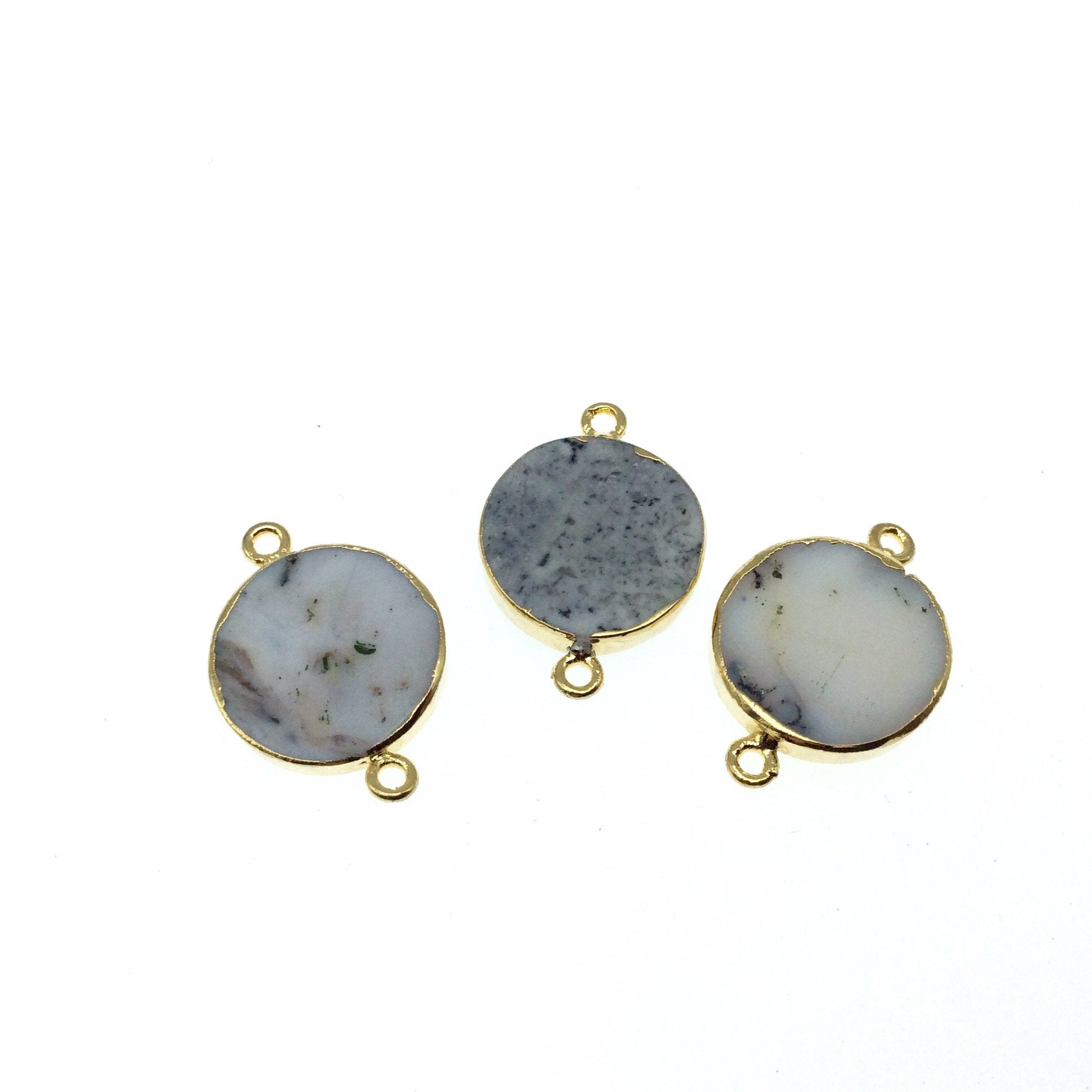 Medium Sized Gold Plated Natural Flat Dendritic Opal Round Shaped Connector - 16mm - 20mm  Approx. - Sold Per Each, Selected at Random