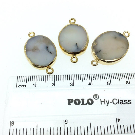 Large Sized Gold Plated Natural Flat Dendritic Opal Oval Shaped Connector - 21mm - 23mm  Long Approx. - Sold Per Each, Selected at Random