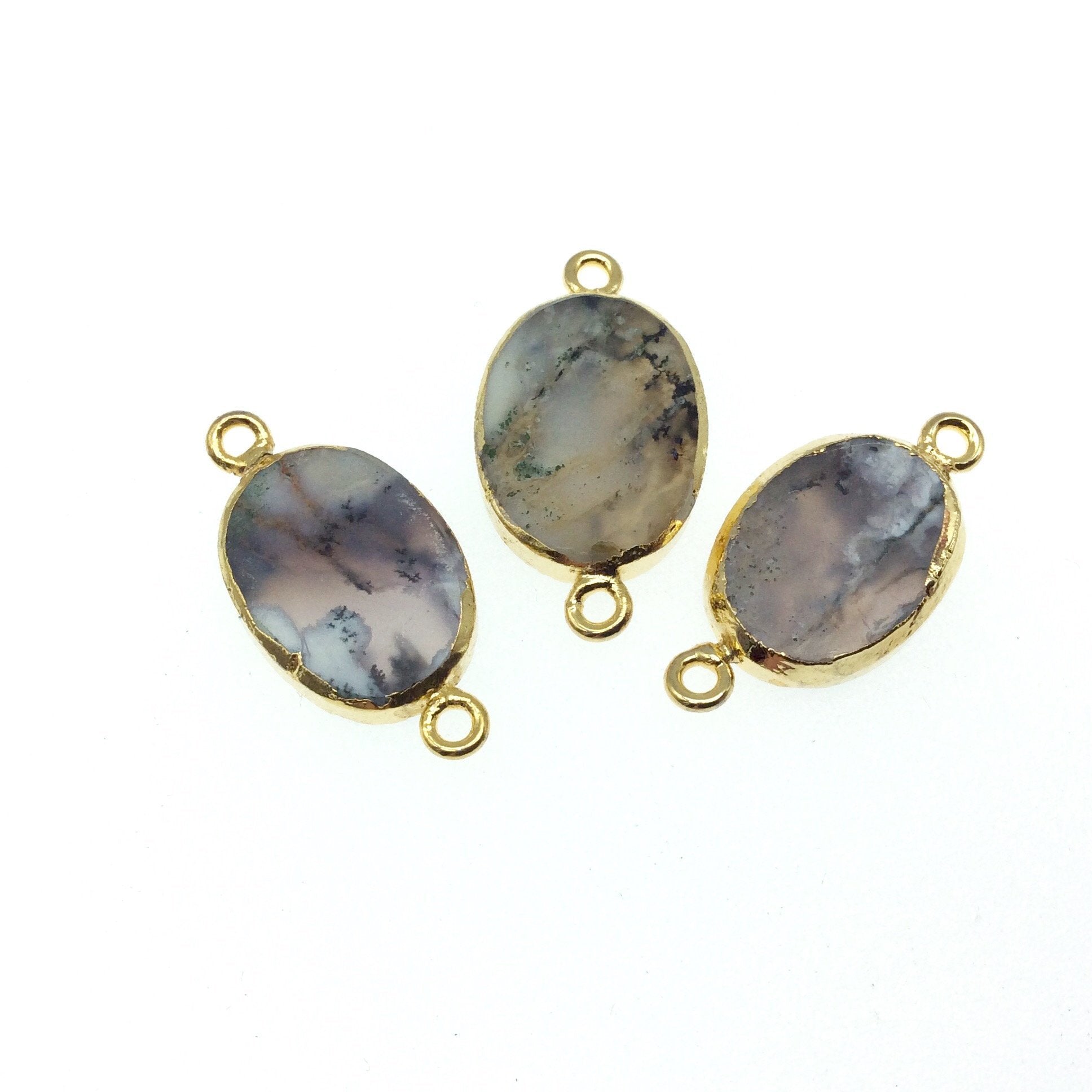 Medium Sized Gold Plated Natural Flat Dendritic Opal Oval Shaped Connector - 16mm - 20mm  Long Approx. - Sold Per Each, Selected at Random