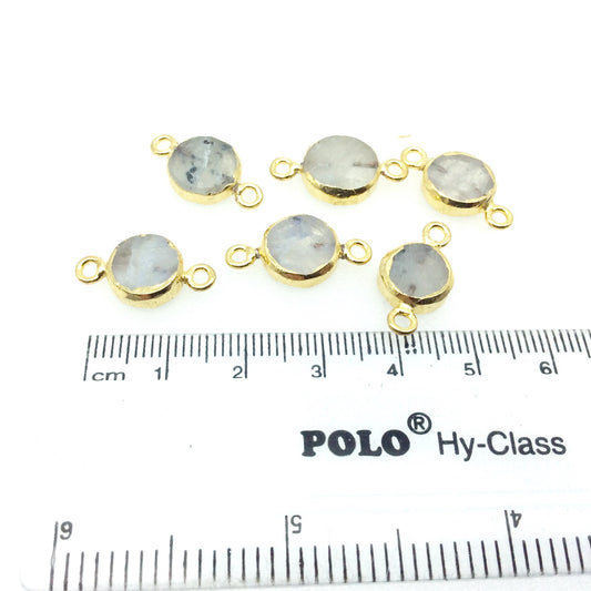 Small Sized Gold Plated Natural Flat Rainbow Moonstone Round Shaped Connector - 10-12mm Approx. - Sold Per Each, Selected at Random