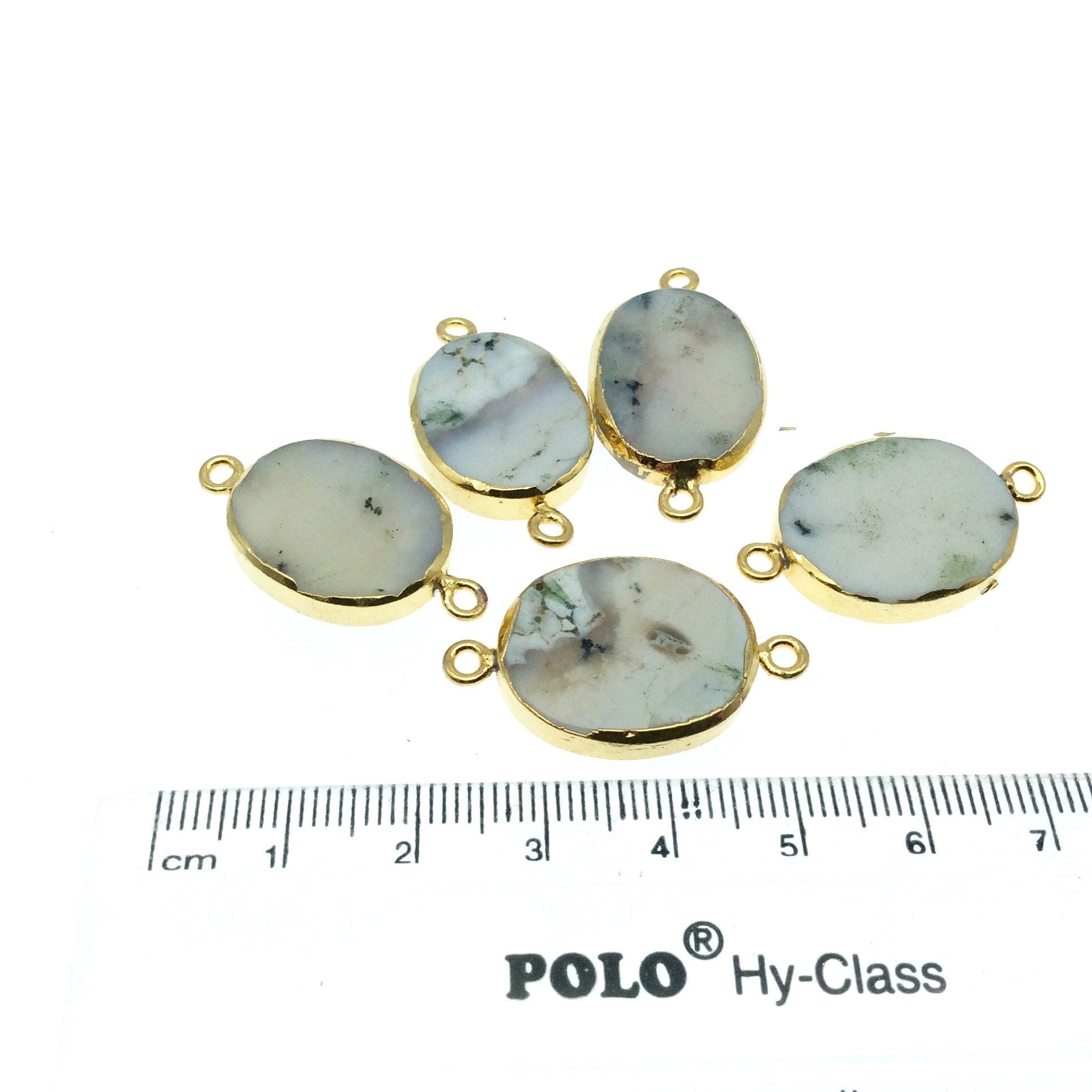 Large Sized Gold Plated Natural Flat White/Green Tree Agate Oval Shaped Connector - 20-22mm Long Approx. - Sold Per Each, Selected at Random