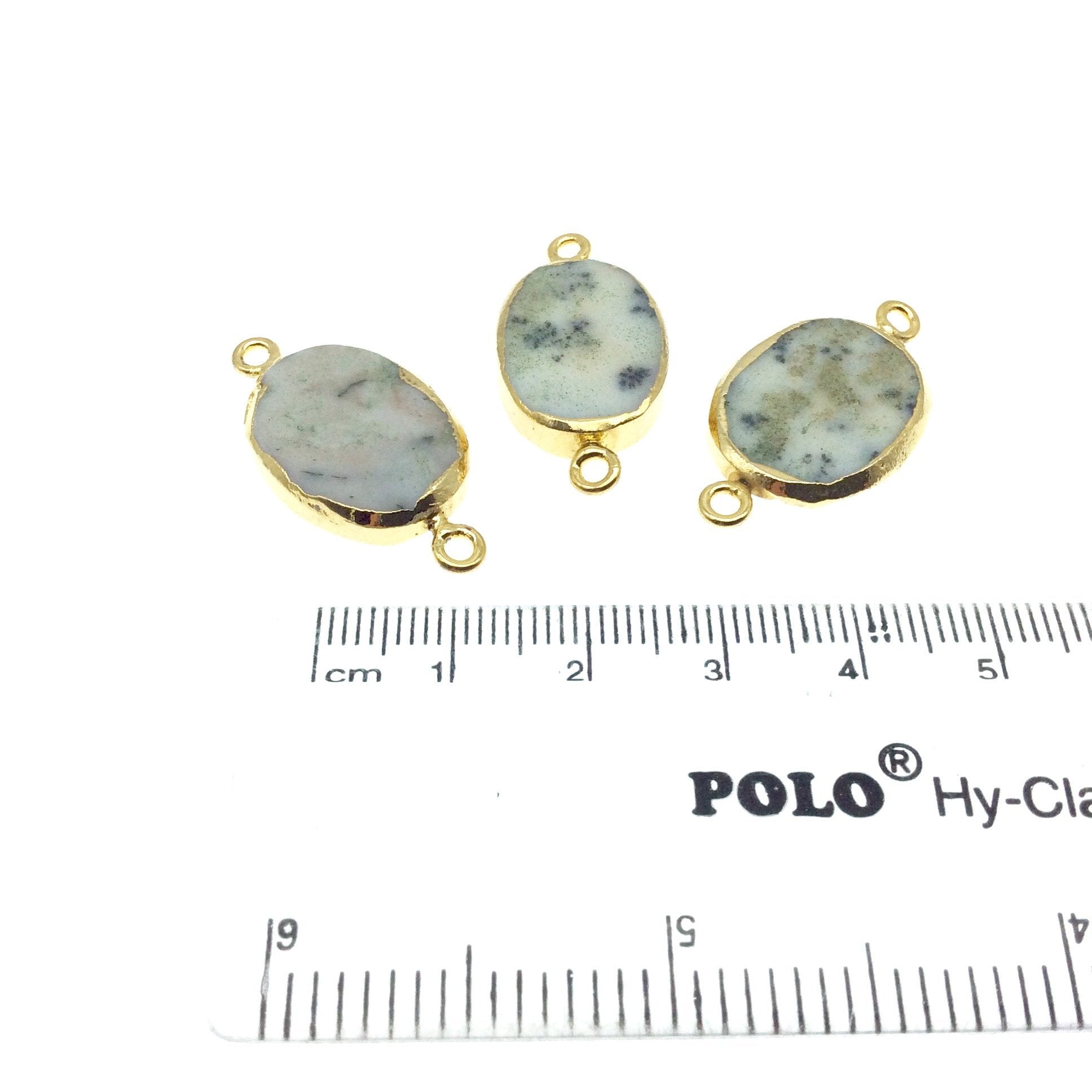 Medium Sized Gold Plated Natural Flat White/Green Tree Agate Oval Shape Connector - 17-19mm Long Approx. - Sold Per Each, Selected at Random