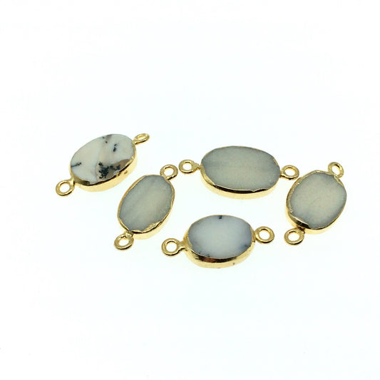 Small Sized Gold Plated Natural Flat White/Green Tree Agate Oval Shape Connector - 12-16mm Long Approx. - Sold Per Each, Selected at Random