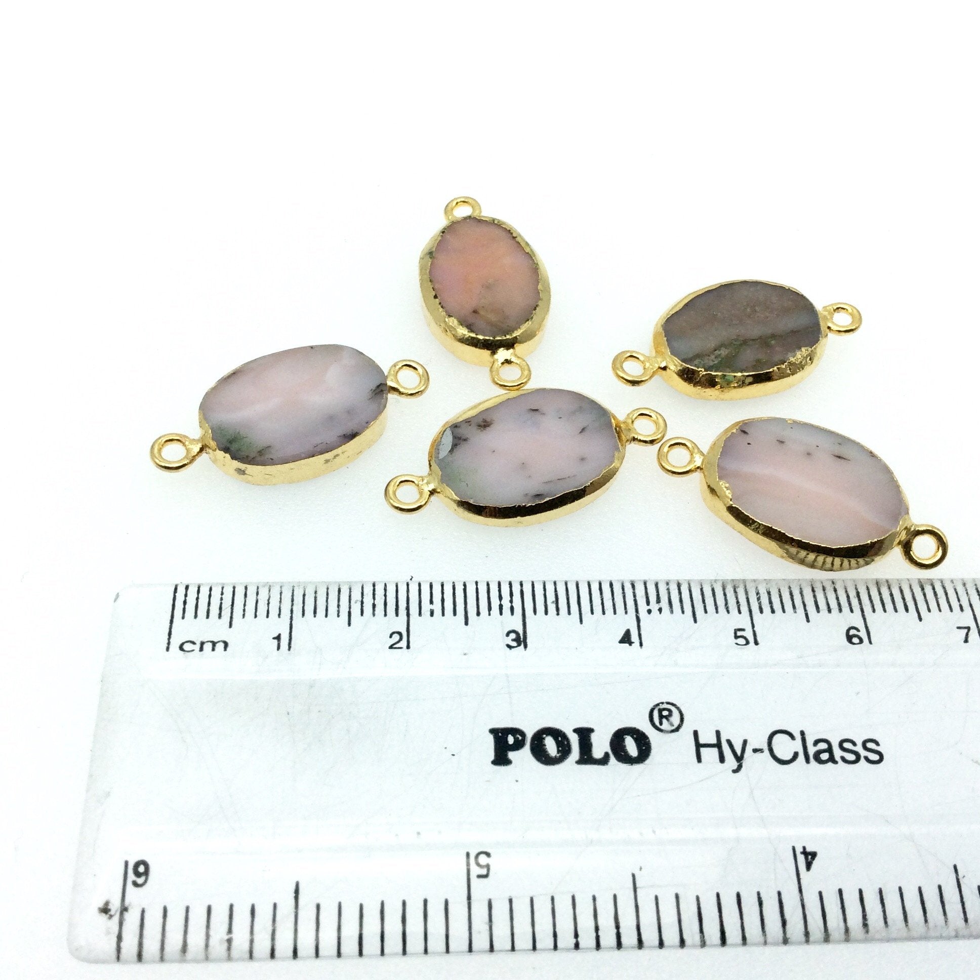 Small Sized Gold Plated Natural Flat Mixed Pink Agate Oval Shape Connector - 15-16mm Long Approx. - Sold Per Each, Selected at Random