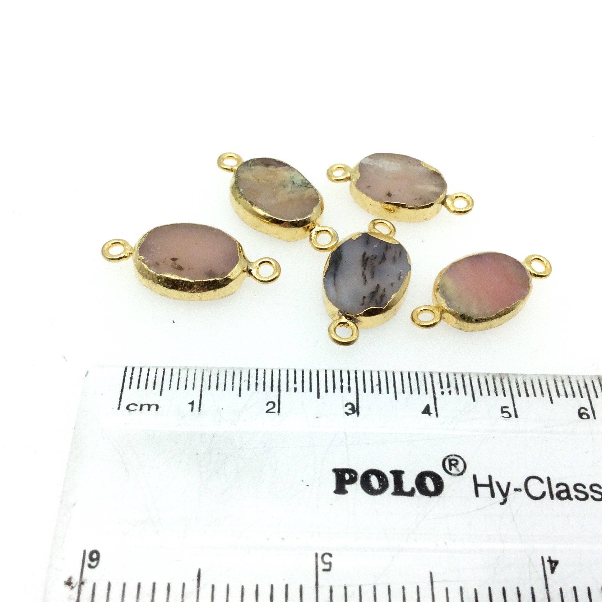 Extra Small Sized Gold Plated Natural Flat Mixed Pink Agate Oval Shape Connector - 12-15mm Long Approx. - Sold Per Each, Selected at Random